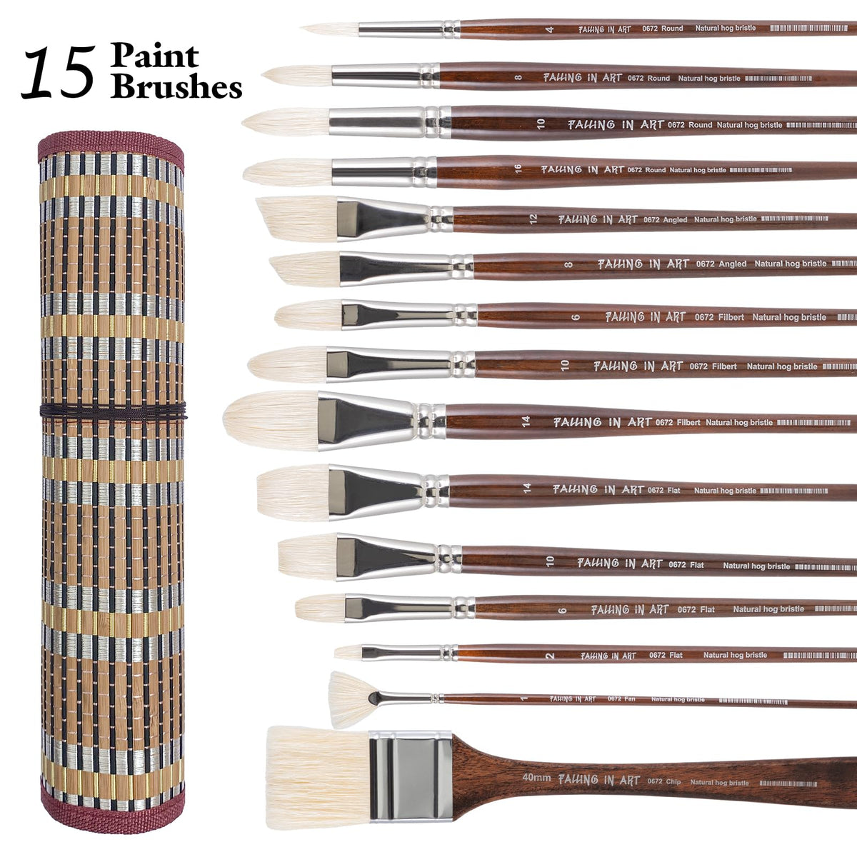 Falling in Art 15 Pcs Professional Oil Paint Brush Set, Natural Hog Bristle
