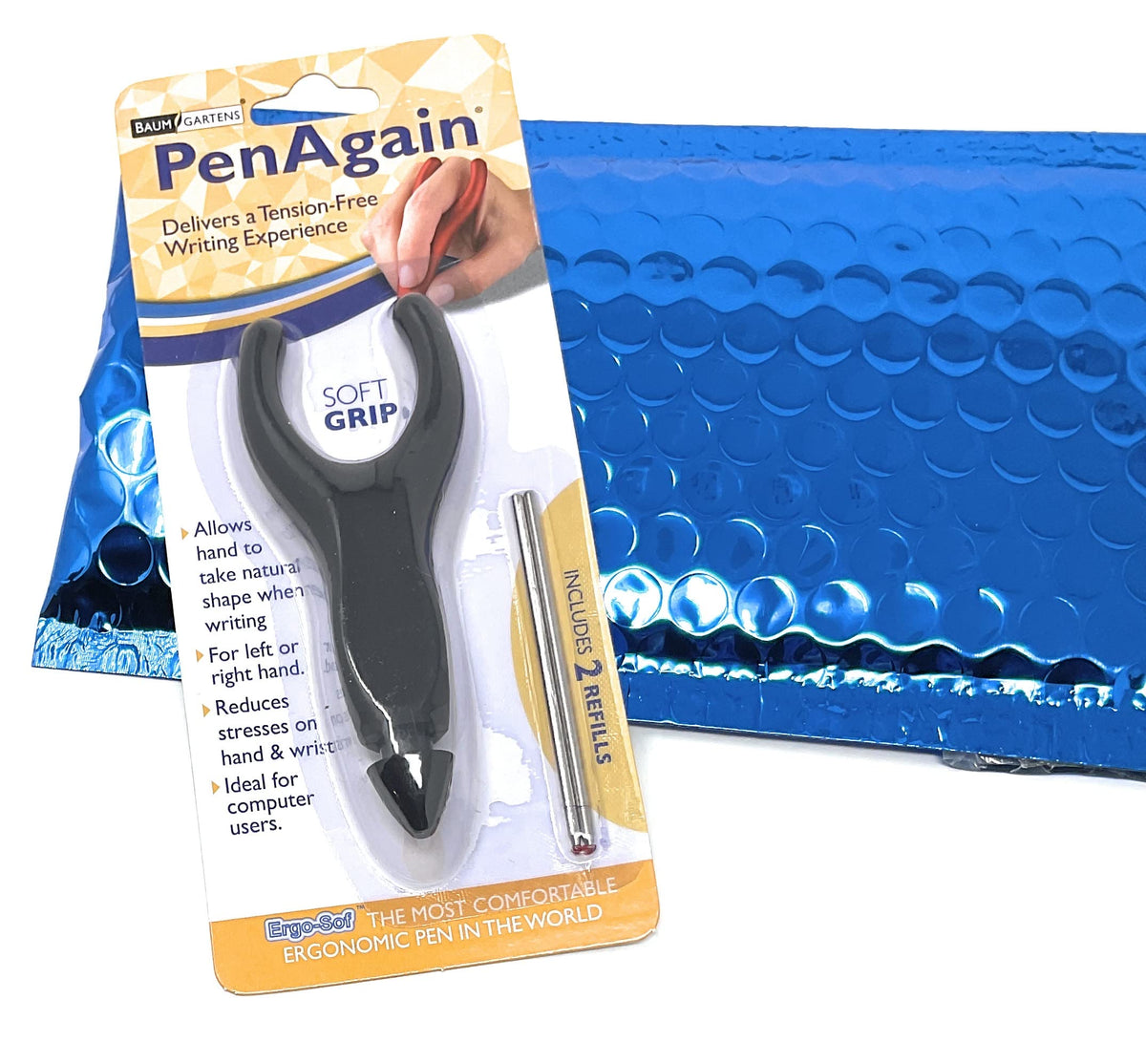 PenAgain Ergosof, Ballpoint Pen, Black Pen with 2 Black Refills, 1 Blue Bonus Refill, Gift Packaging