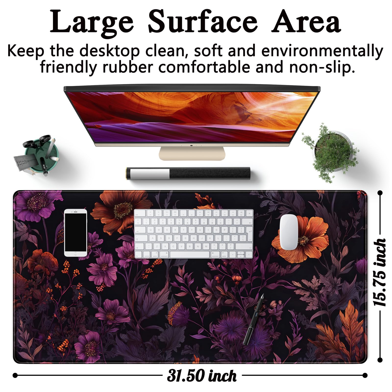Cottagecore Desk Mat Floral Dark Purple Mouse Pad XXL Botanical Flower Large Gaming Mousepad