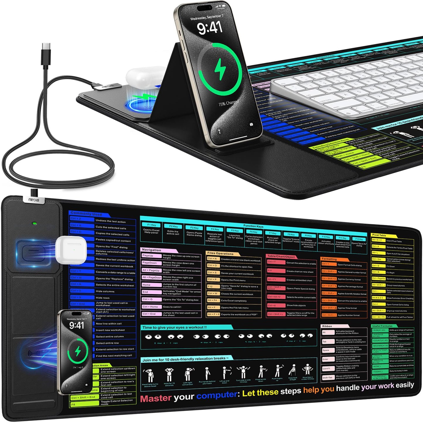Mouse Pad with Foldable Phone Holder, Wireless Charging Desk Mat 31.5x15.75 Mousepad with Superior