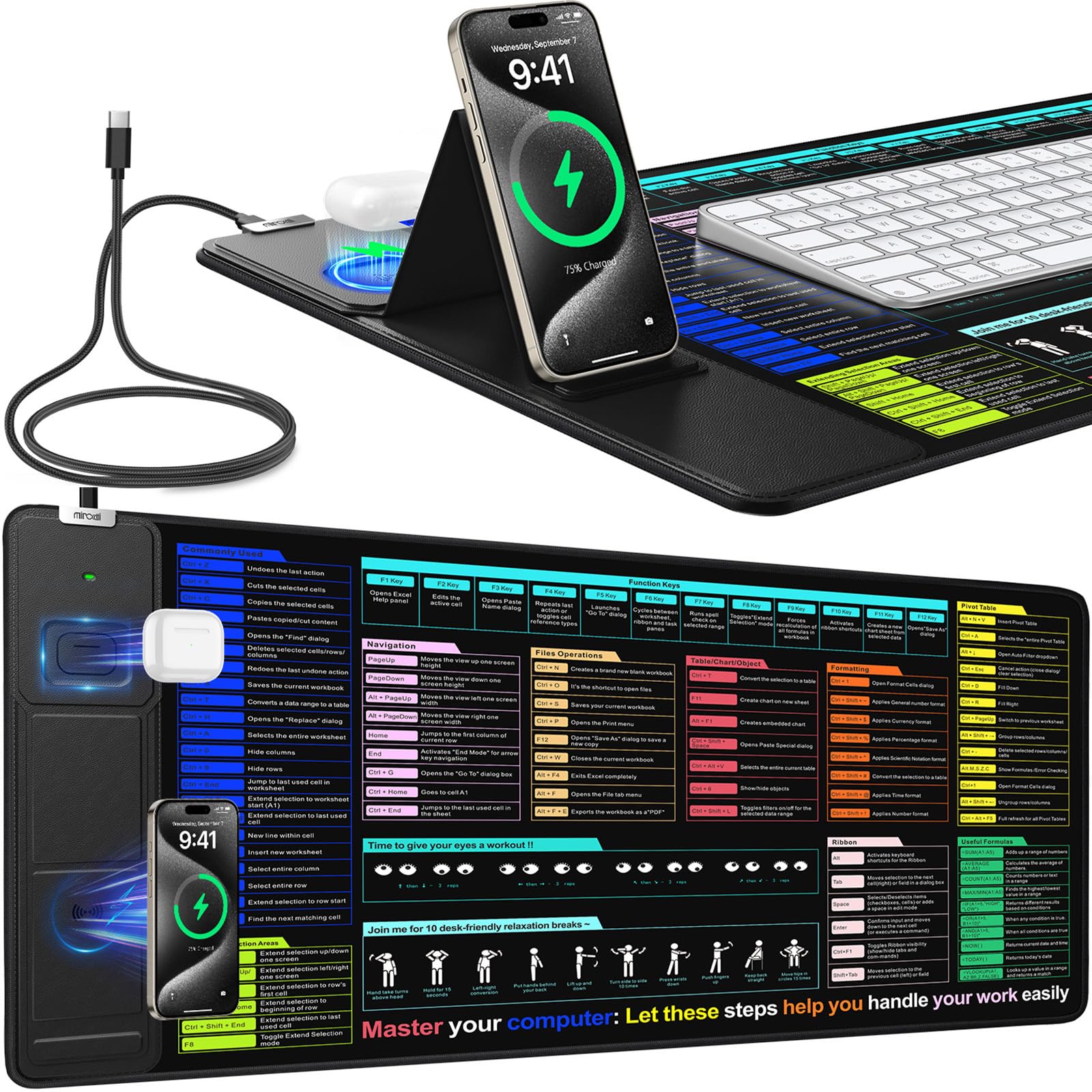 Mouse Pad with Foldable Phone Holder, Wireless Charging Desk Mat 31.5x15.75 Mousepad with Superior