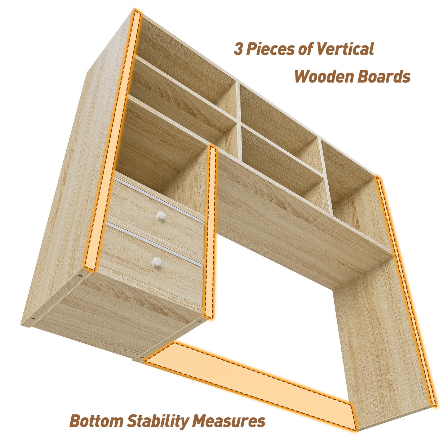 REIBII Desktop Bookshelf, 8 Shelves Desk Hutch for Dorm Room, Natural