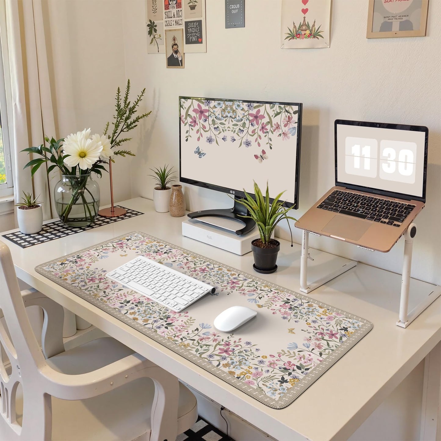HAOCOO Beige Floral Desk Pad, Large Keyboard Mat Stitched Edge Surface
