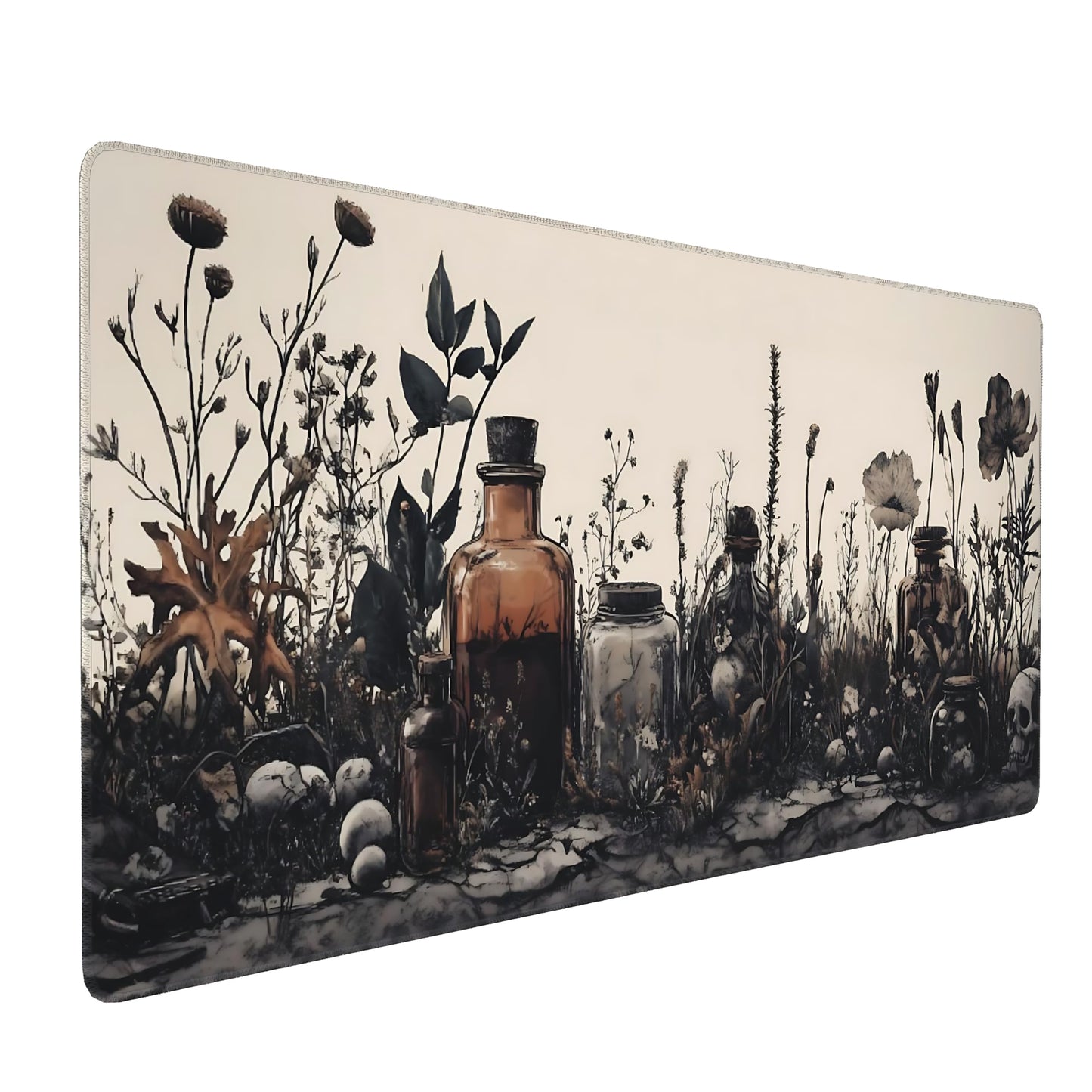 Aesthetic Skull Gaming Mouse Pad, Earth Tone Vintage Botanical Desk Mat with Anti-Slip Base &