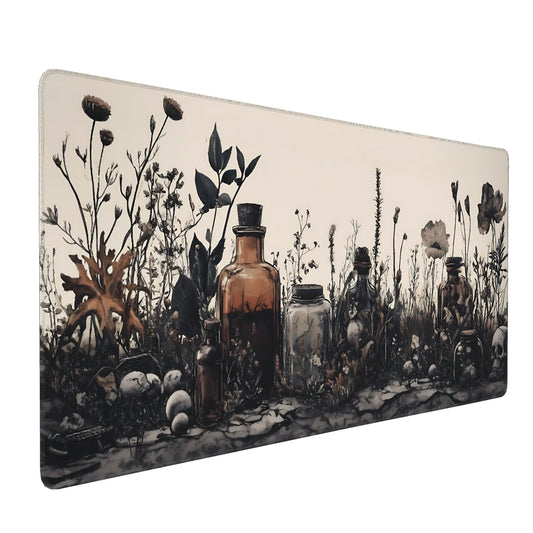 Aesthetic Skull Gaming Mouse Pad, Earth Tone Vintage Botanical Desk Mat with Anti-Slip Base &