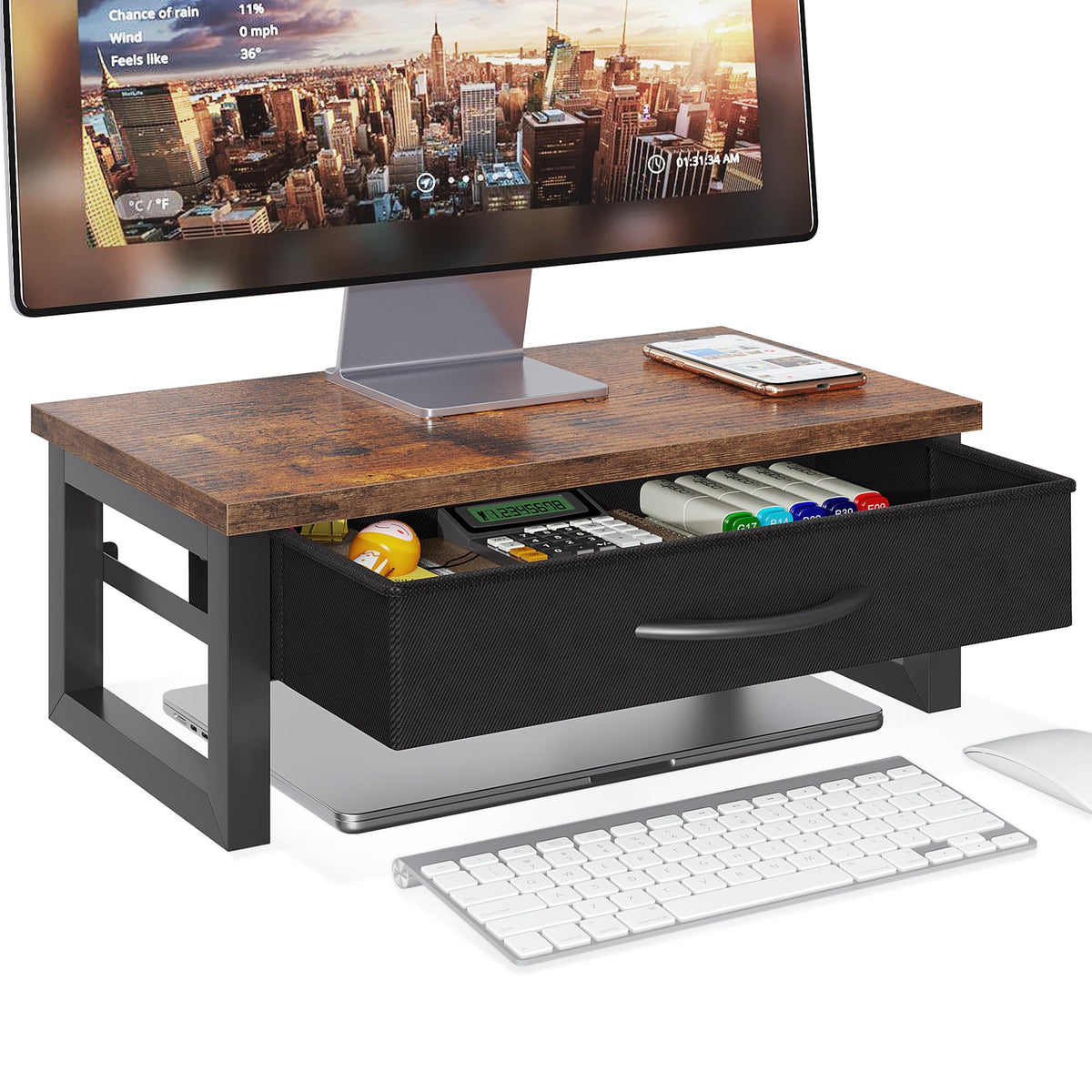 HEWORLIF Computer Monitor Stand Riser with Drawer, 2-Tier Desk Accessories & Workspace Organizers
