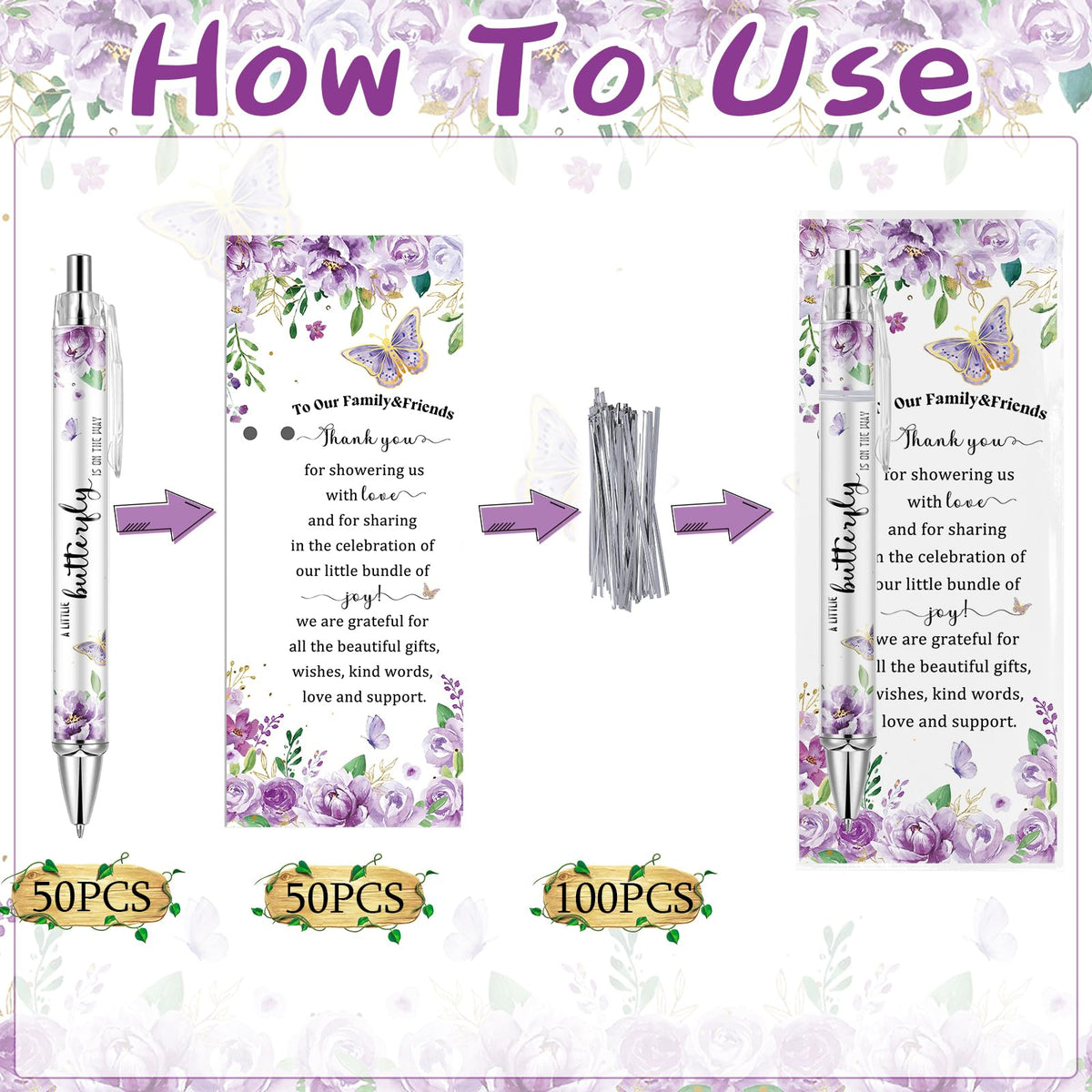 Lebsitey 50 Sets Purple Butterfly Theme Baby Shower Favors for Guest, Gender Reveal Party pens