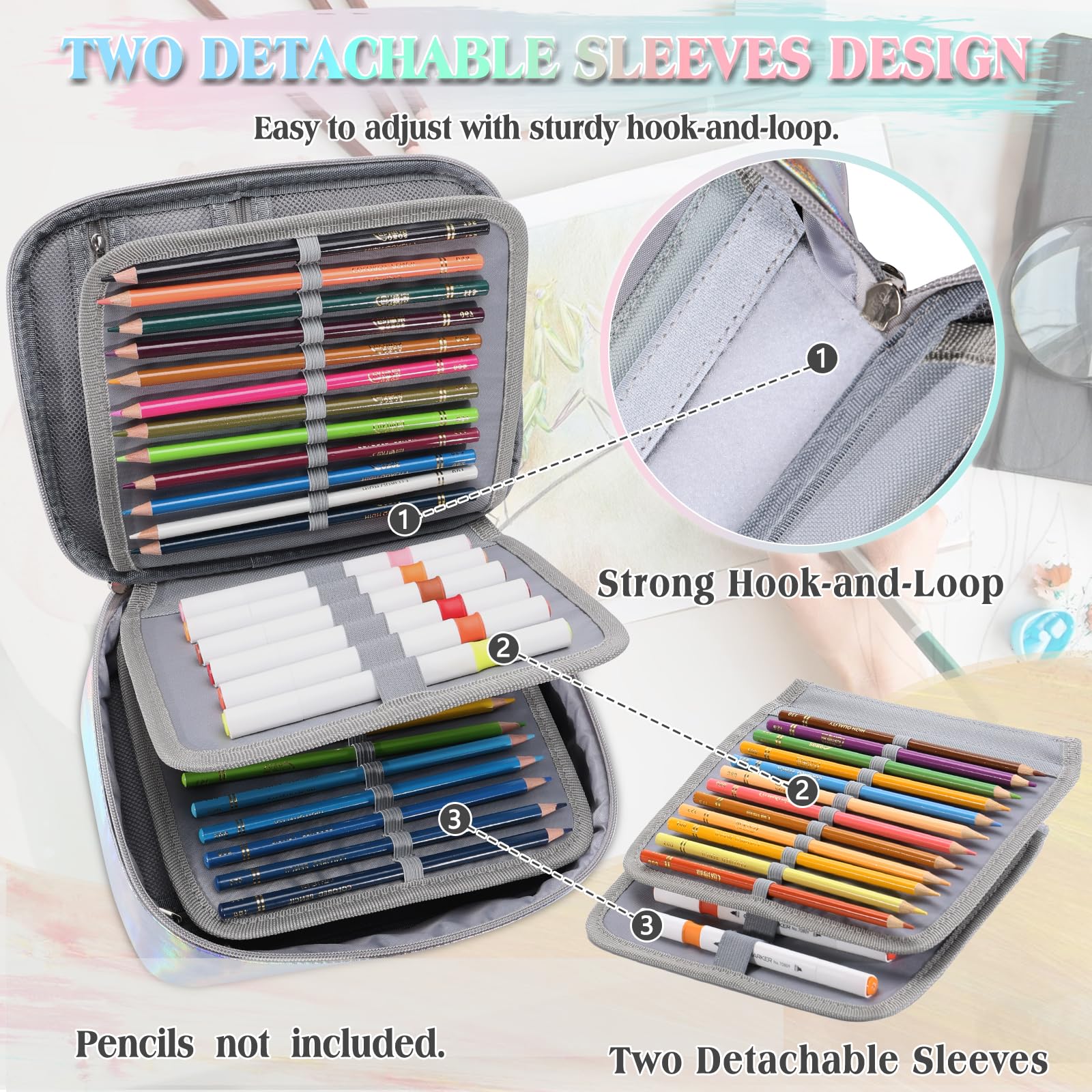 VX VONXURY Large Pencil Case, 54-Slot Colored Pen Pouch 2 Removable Sleeves