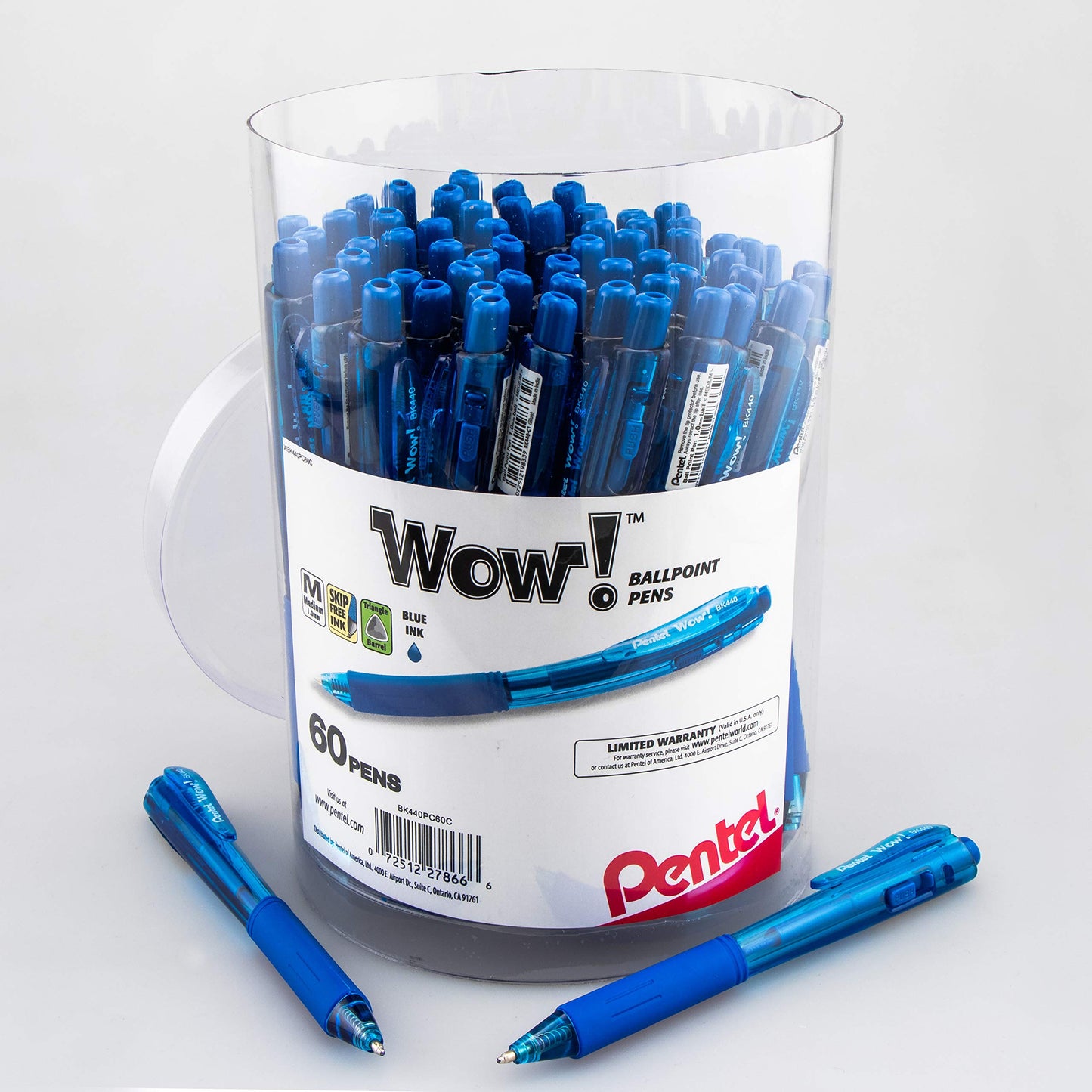 Pentel WOW! Ballpoint Pen, (1.0mm) Medium Line, Blue Ink, Pack of 60, Canister (BK440PC60C)