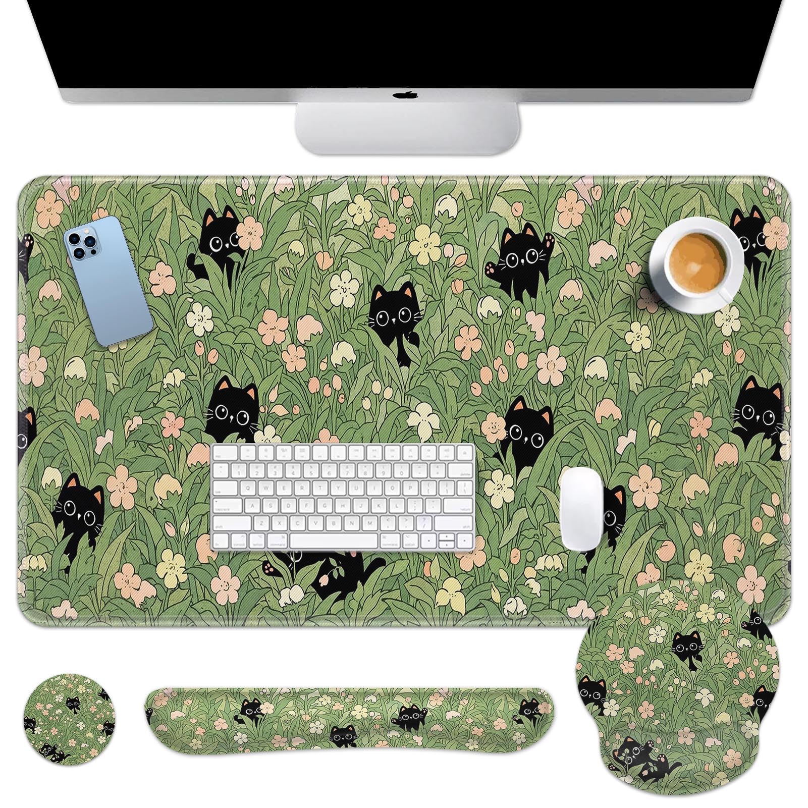 Arttown Keyboard Mouse Pad Set, 4 in 1 Desk Mat Set Black Cat