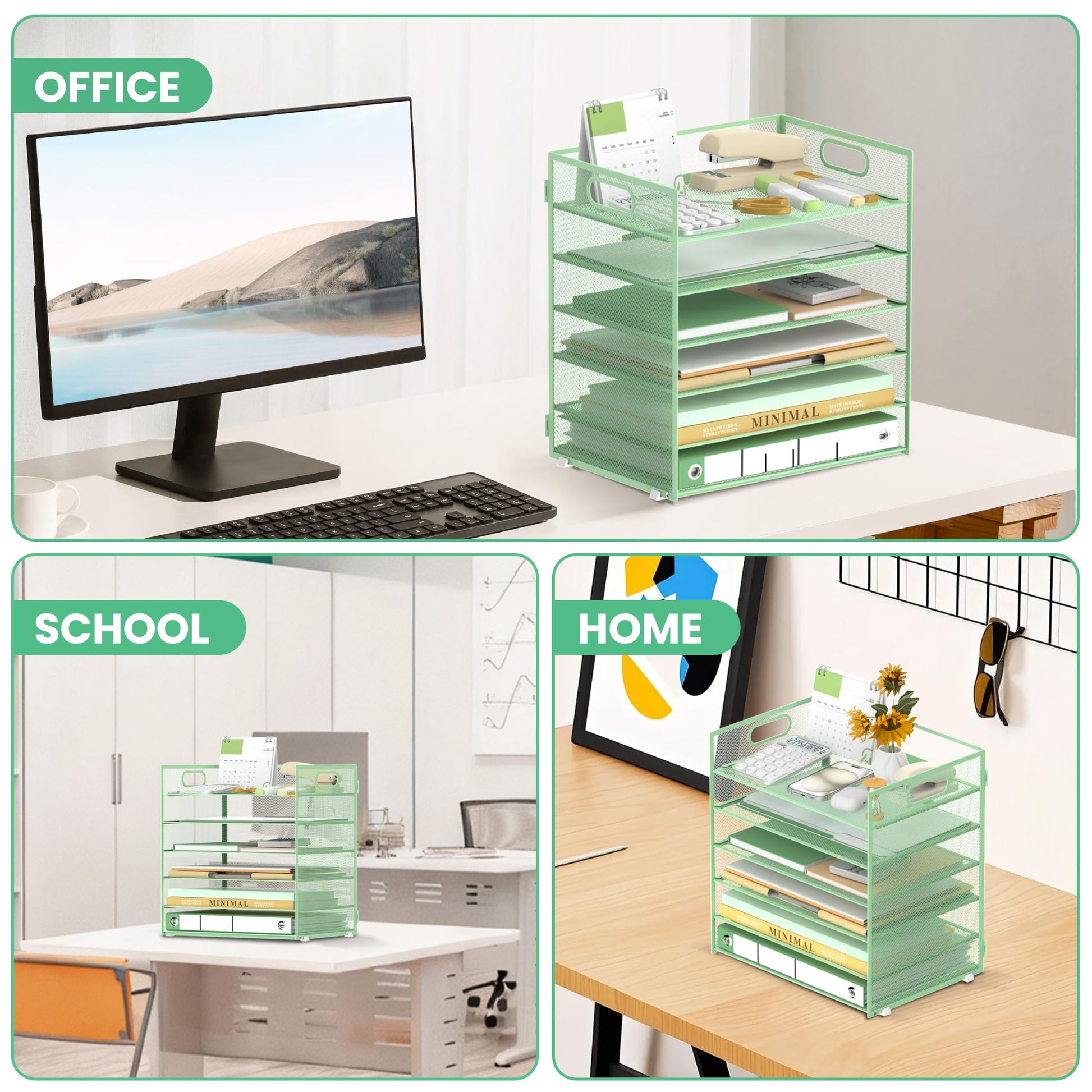 Daltack 6-Tier Paper Organizer for Desk with Handle, Green