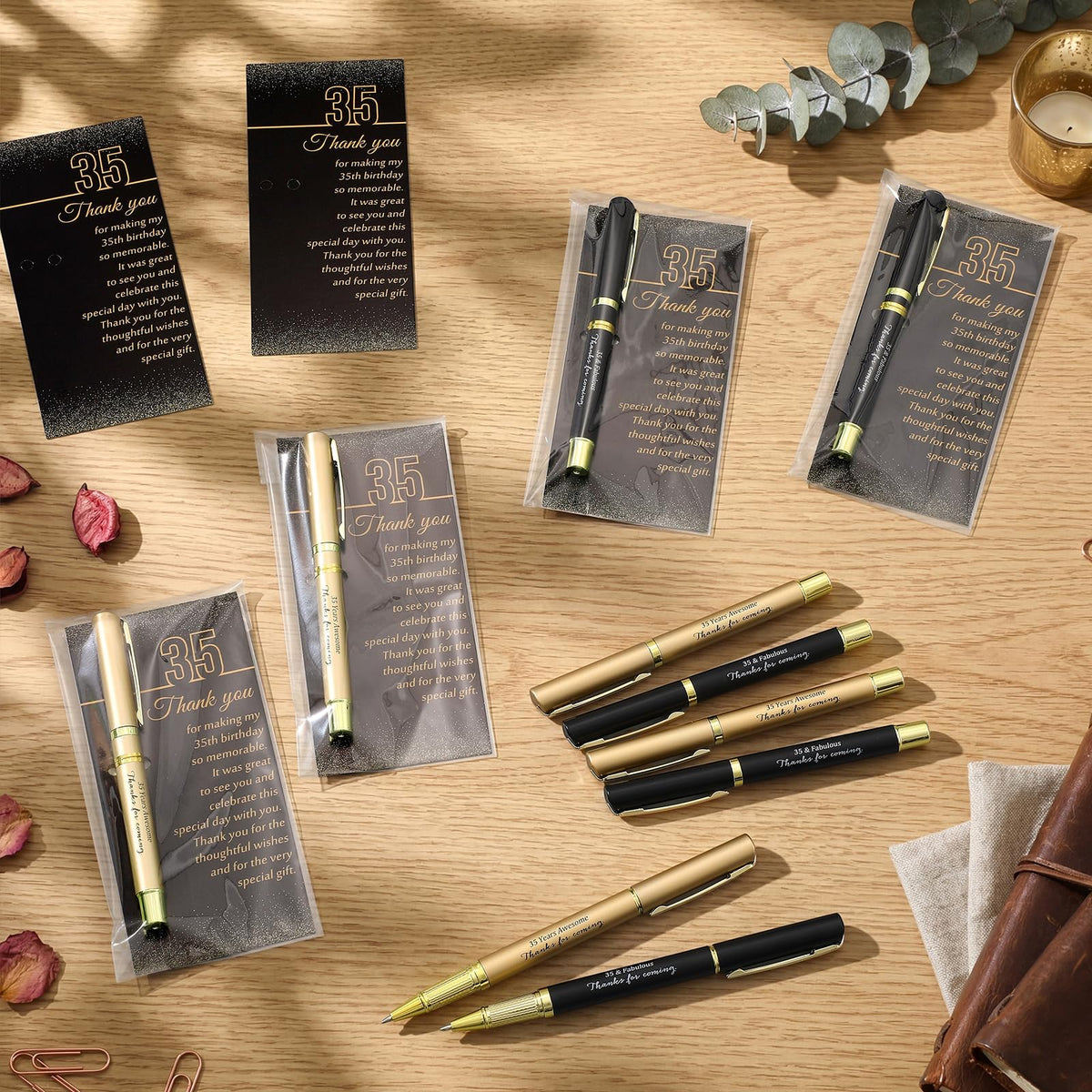 Feifeiya 30 Set 35th Birthday Favors with Black Gold Pens Cards