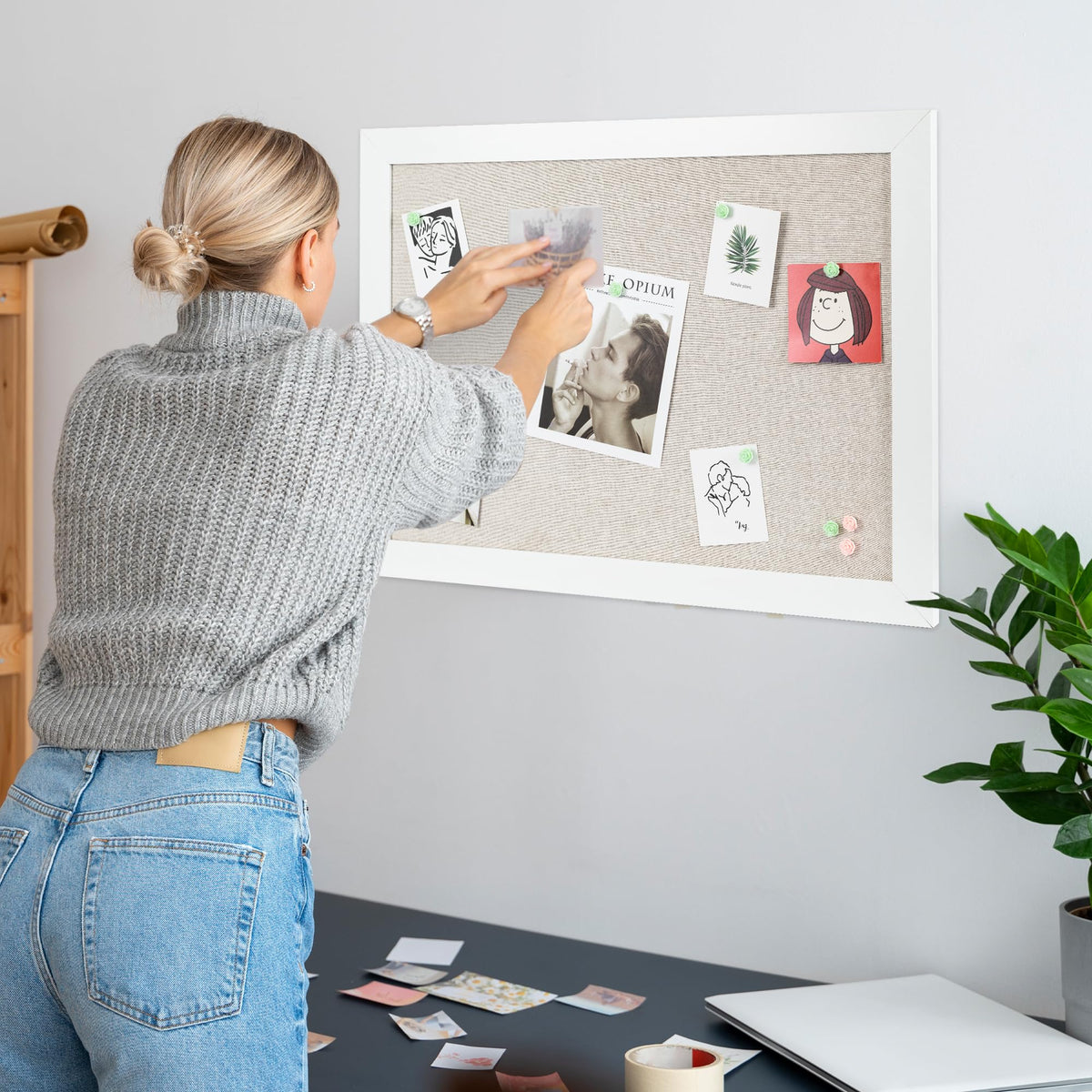 Board2by White Cork Board Bulletin Board with Linen, Wood Framed 24" x 18" Corkboard, Office Board