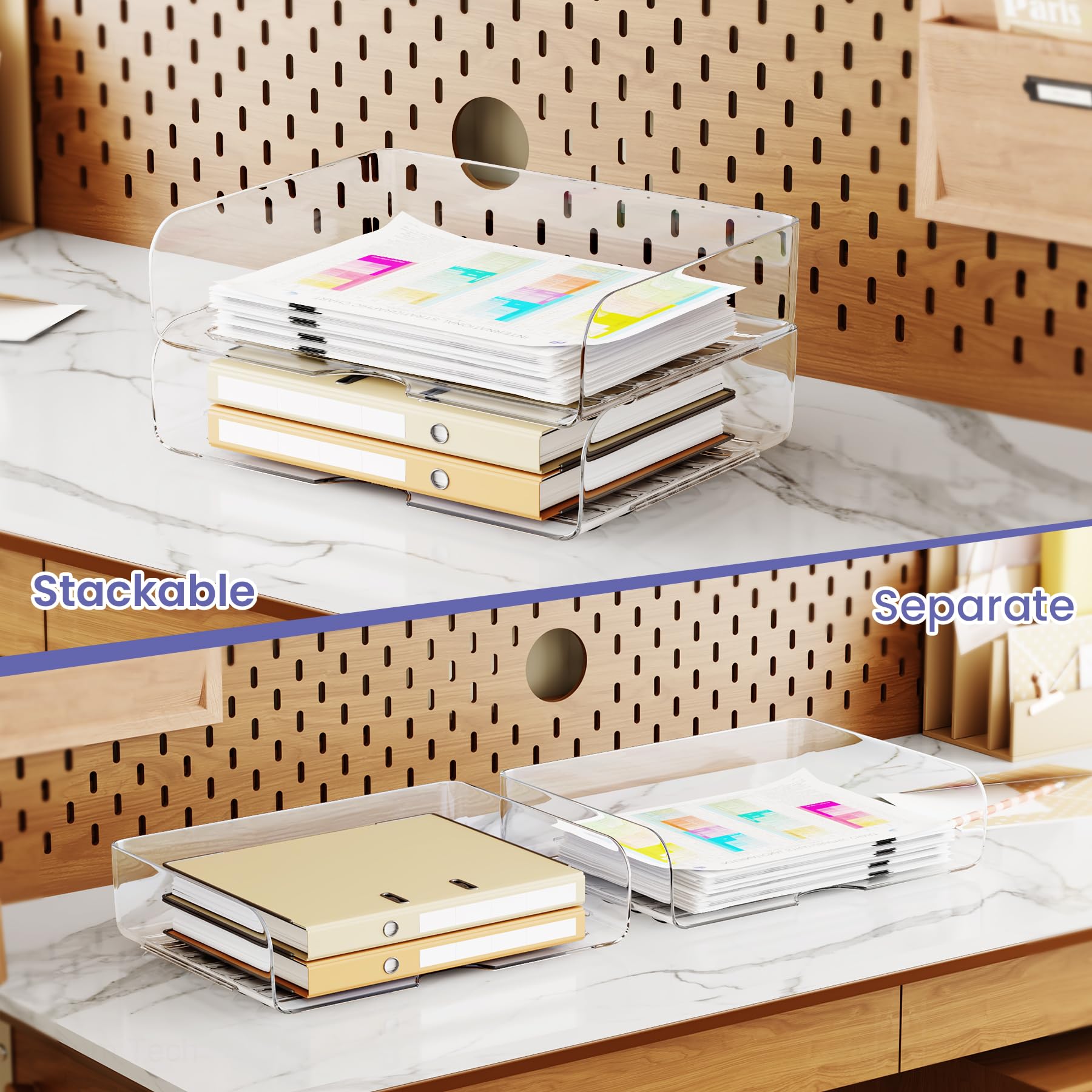 Tomorotec 2 Pack Clear Stackable Letter Tray, A4 Desk File Organizer Set
