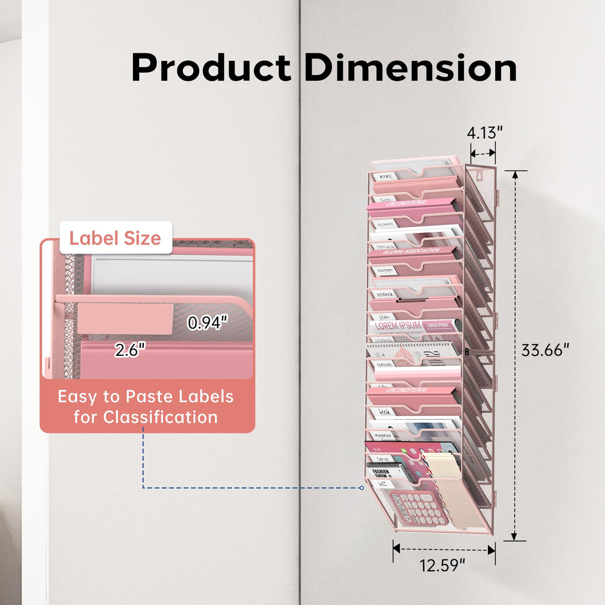 JMHUD 14-Tier Wall File Organizer and Hanging File Organizer, Pink