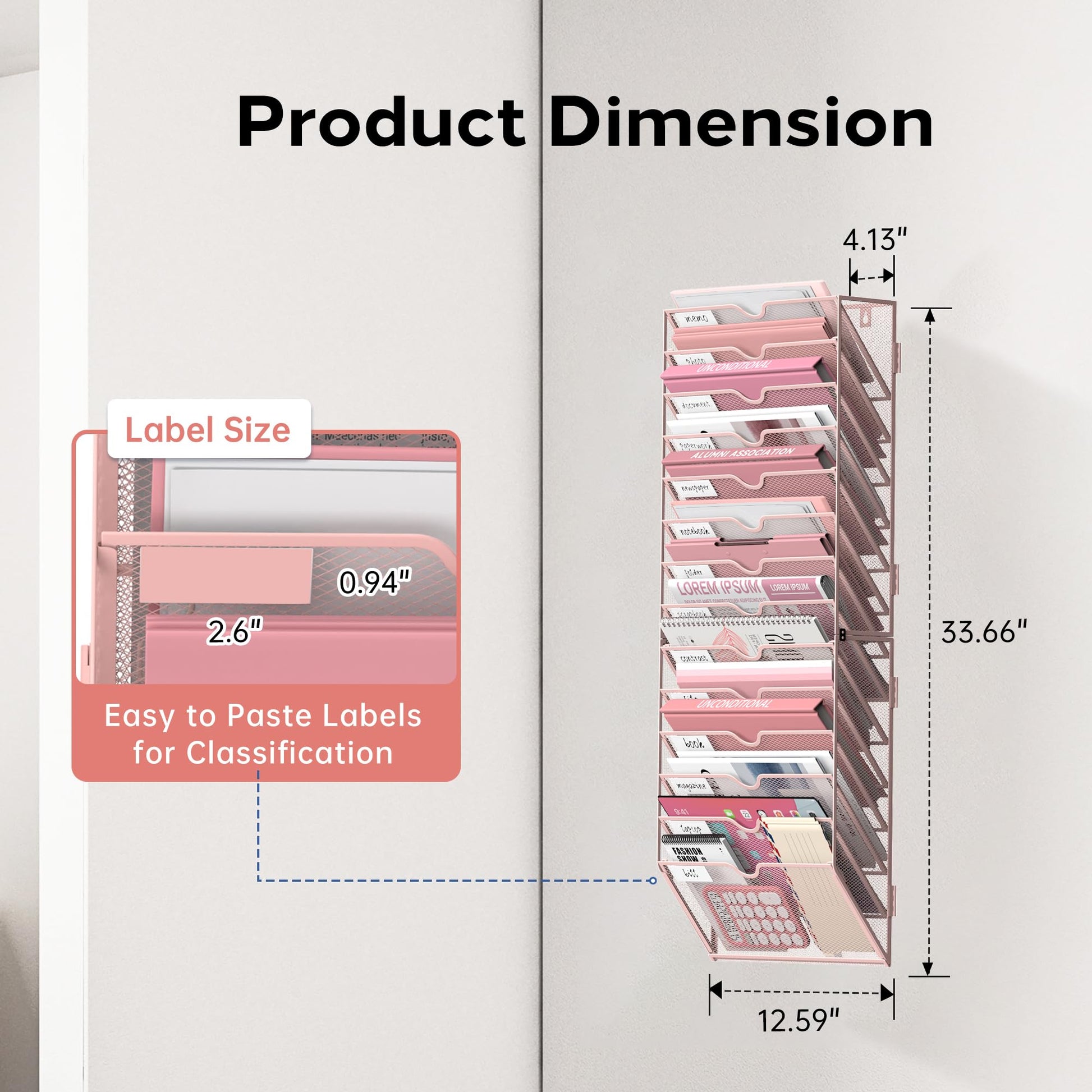 JMHUD 14-Tier Wall File Organizer and Hanging File Organizer, Pink