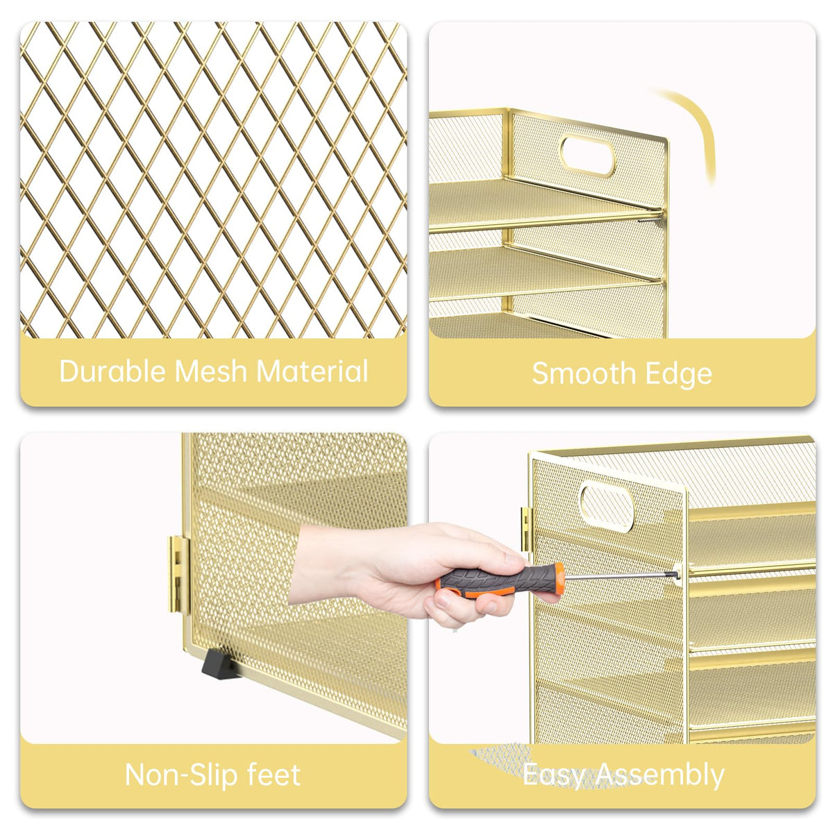 7 Tier Paper Organizer for Desk with Mesh Letter Trays and Handle Gold