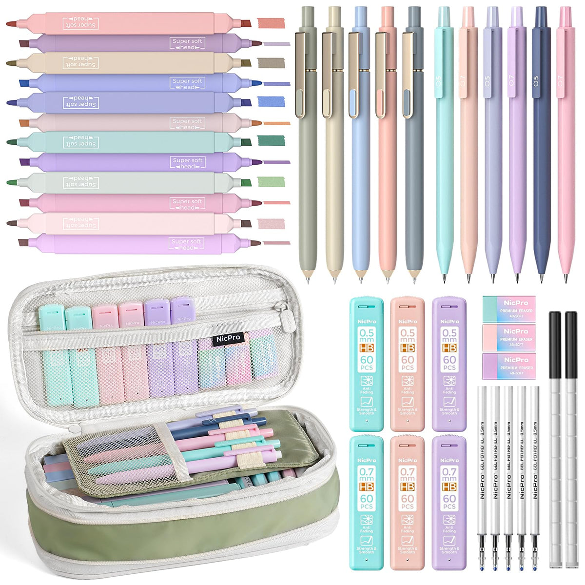 Nicpro Aesthetic School Supplies Stationary Set with Pen Case, 39 PCS Green