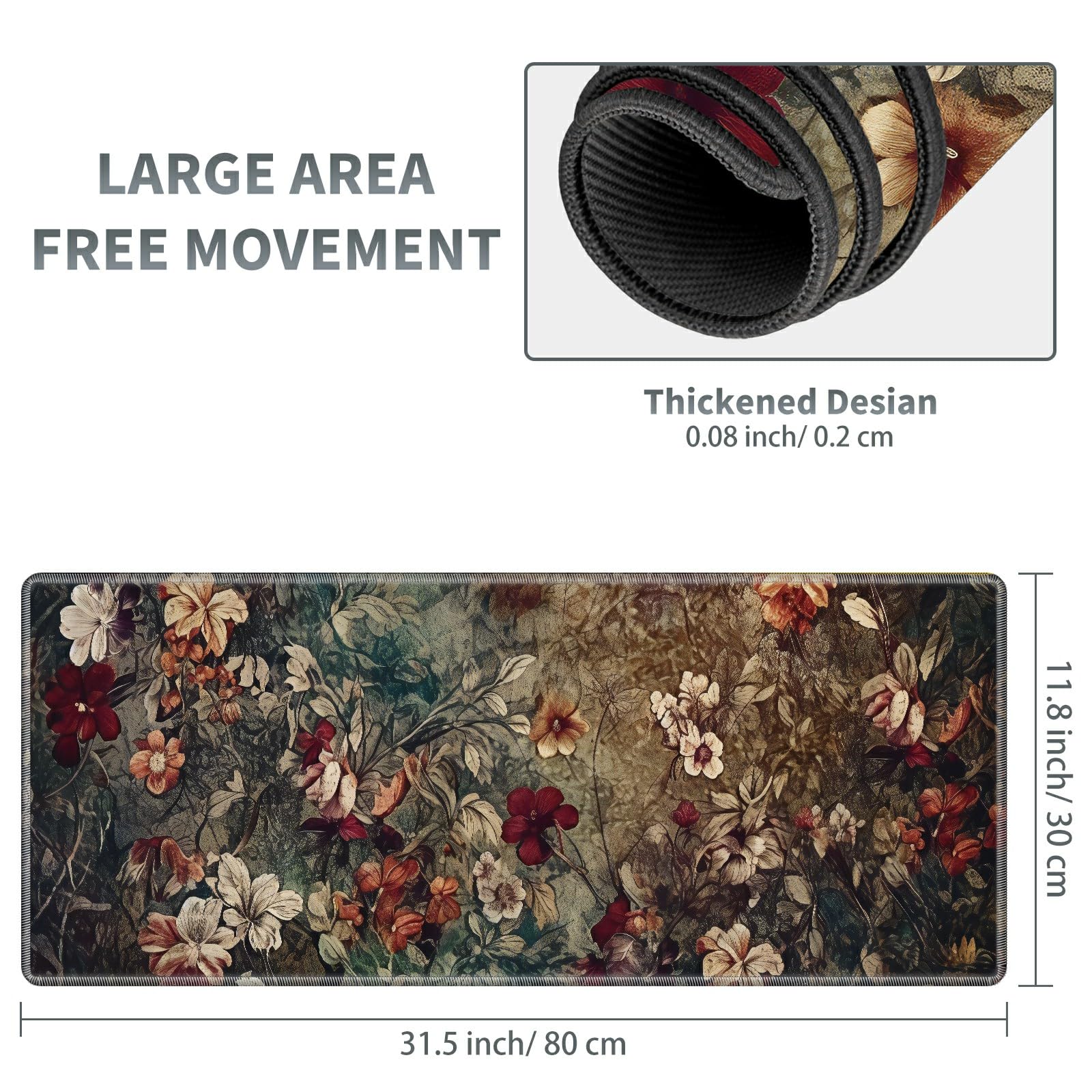 Large Gaming Mouse Pad Plus a Coasters + Cable Clips, Dark Art Flowers Extended Mousepad (31.5 x