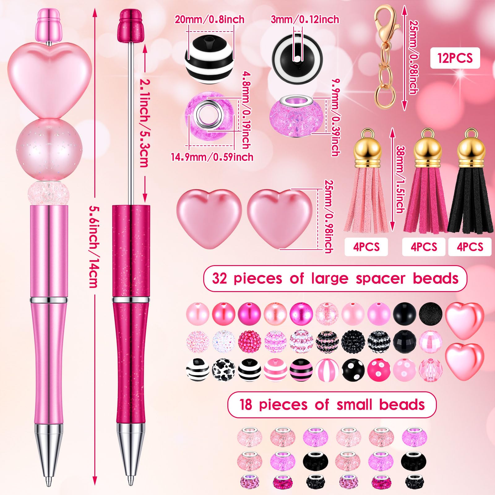 Tinlade 12 Beadable Pens Bulk with 50 Beads Multicolor DIY, Cute Style