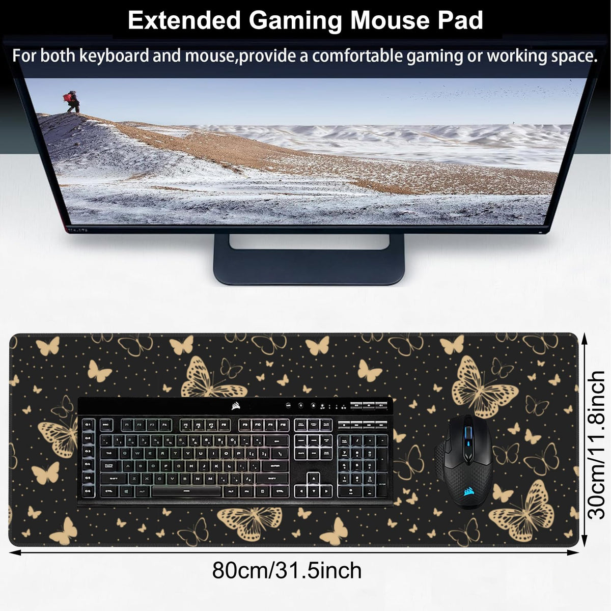 Golden Butterflies Desk Mat,Large Butterfly and Round Spots Gaming Keyboard Mouse Pad,Non-Slip