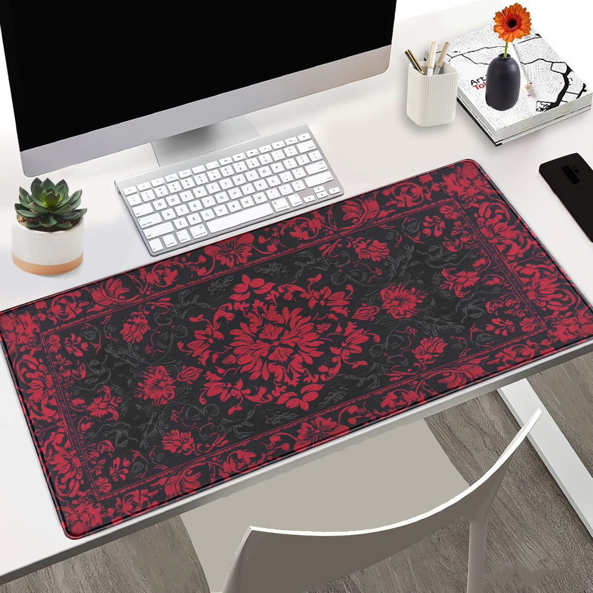 Victorian Gothic Floral Desk Mat Black Red Baroque Desk Pad Dark Academia XXL Large Mouse Pad