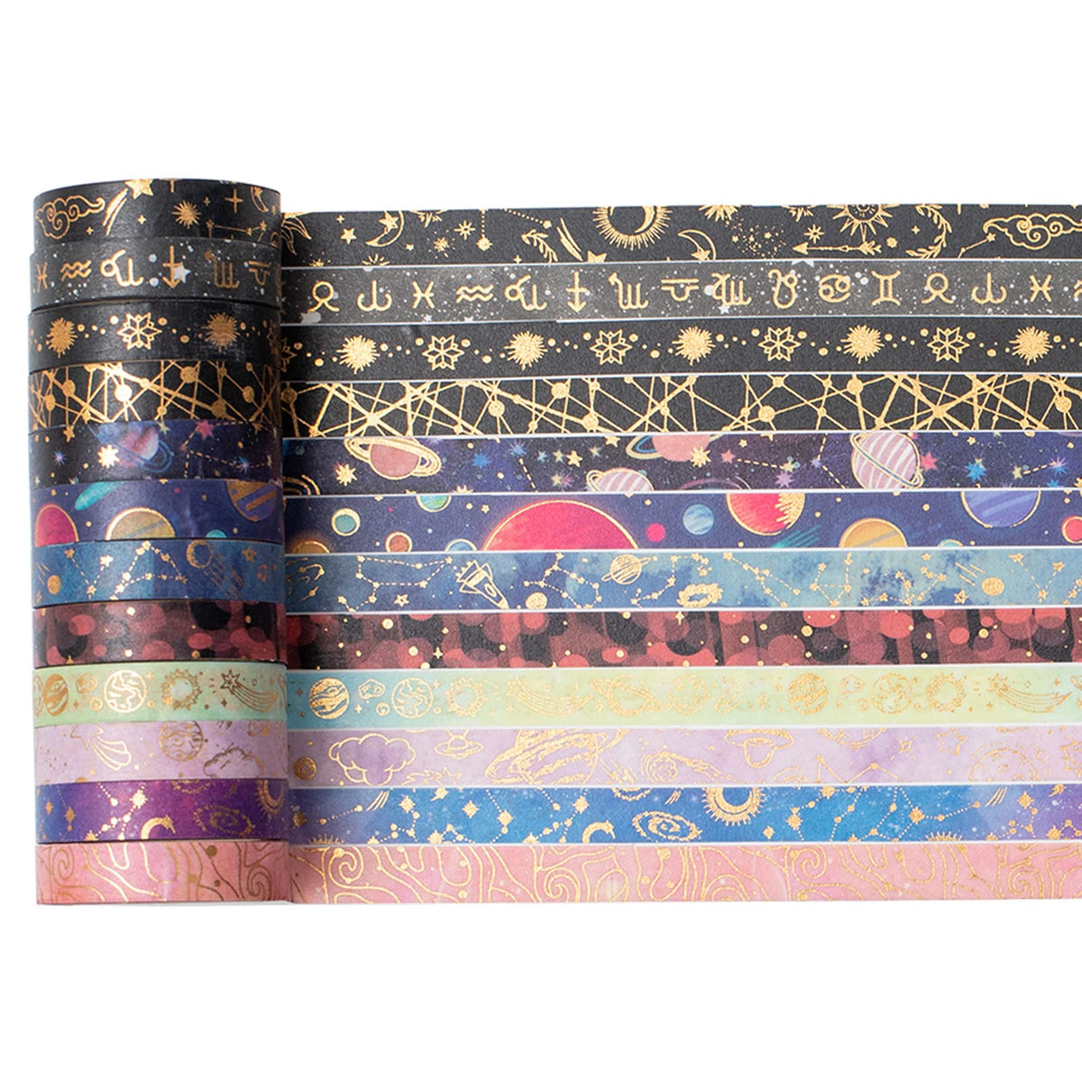 YUBX Skinny Galaxy Washi Tape Set 30 Rolls Gold Foil Decorative Starry Space Masking Tapes for