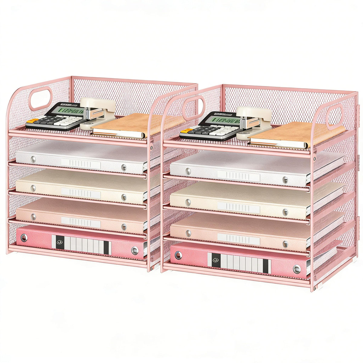 Lavatino Desk Paper Organizer with Handle, 2 Pack 5-Tier Pink Mesh Desk File Folder Holder Letter
