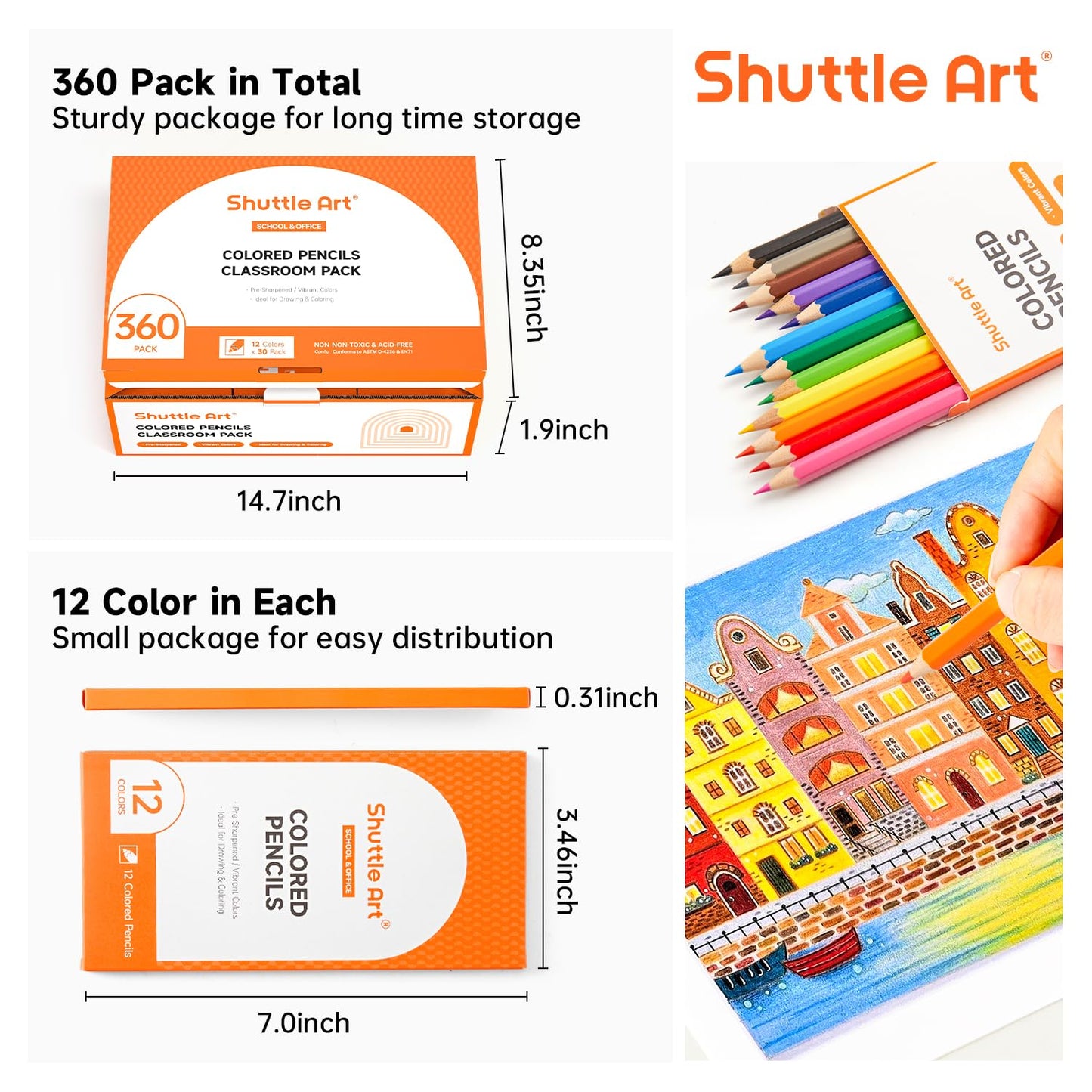 Shuttle Art 360 PCS Colored Pencils Bulk, 12 Assorted Colors, Pack of 30, Break-resistant