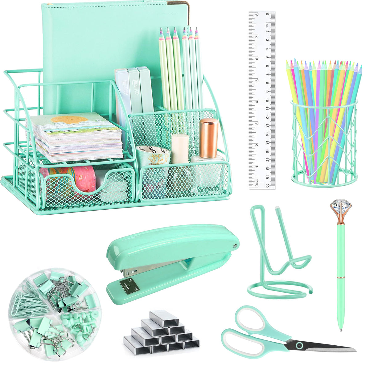KAAKOW Green Desk Organizers and Accessories Office Supplies Set Stapler, Pen Holder, Phone Holder
