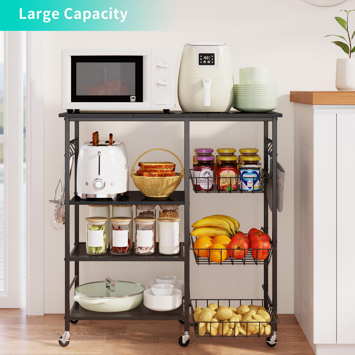 HapiRm Rolling Kitchen Microwave Cart - 4 Tier Microwave Table Stand with Pull-Out Baskets, Coffee