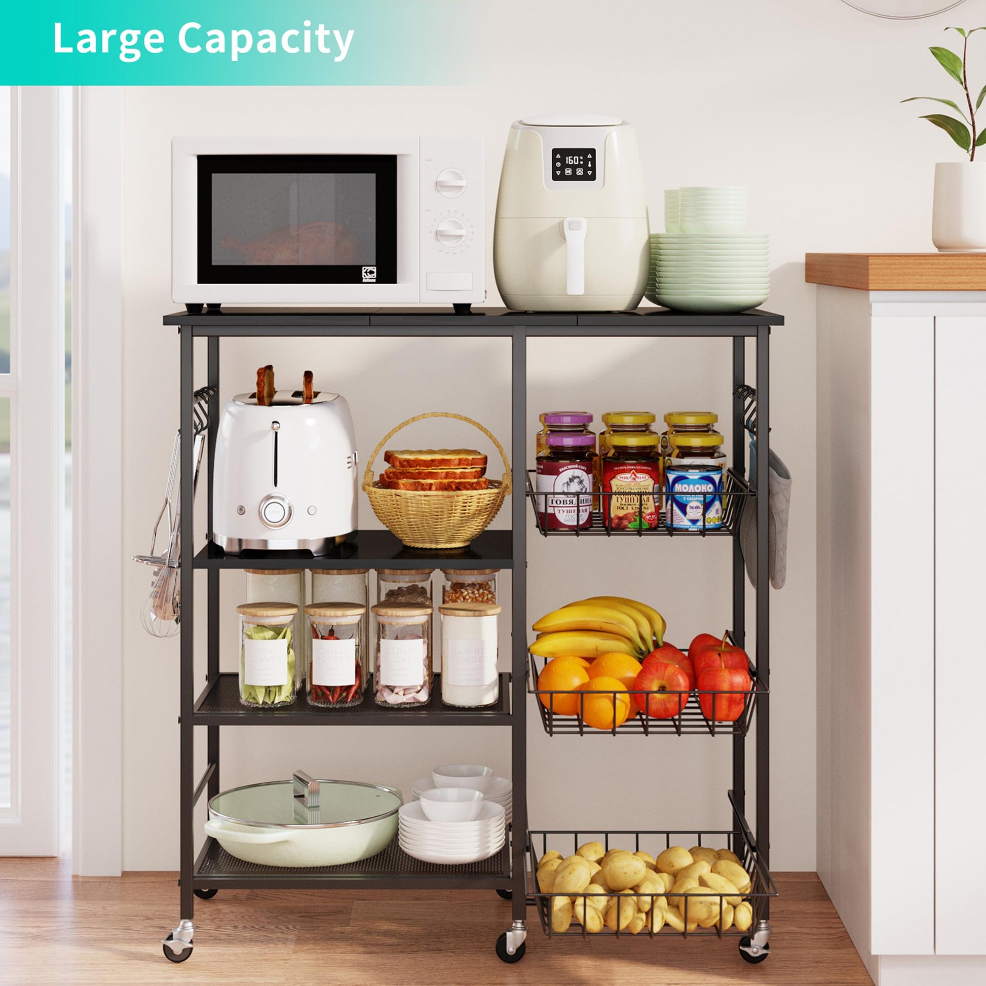 HapiRm Rolling Kitchen Microwave Cart - 4 Tier Microwave Table Stand with Pull-Out Baskets, Coffee
