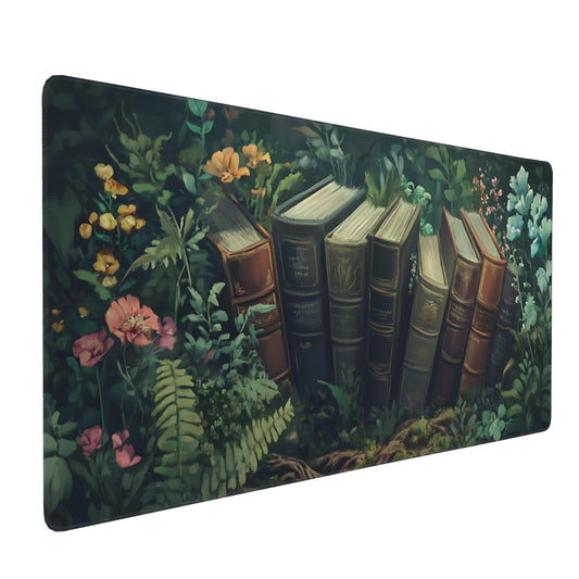 Floral Aesthetic Book Gaming Mouse Pad, Forest Green Moody Forest Desk Mat with Anti-Slip Base &