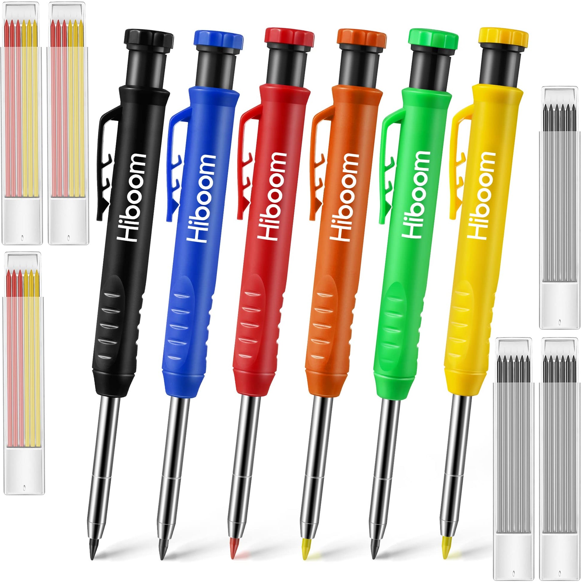 Hiboom 6 Pack Carpenter Pencil with Sharpener, Long Nosed Deep Hole Tip Mechanical Hole Marker with