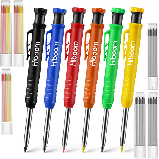 Hiboom 6 Pack Carpenter Pencil with Sharpener, Long Nosed Deep Hole Tip Mechanical Hole Marker with