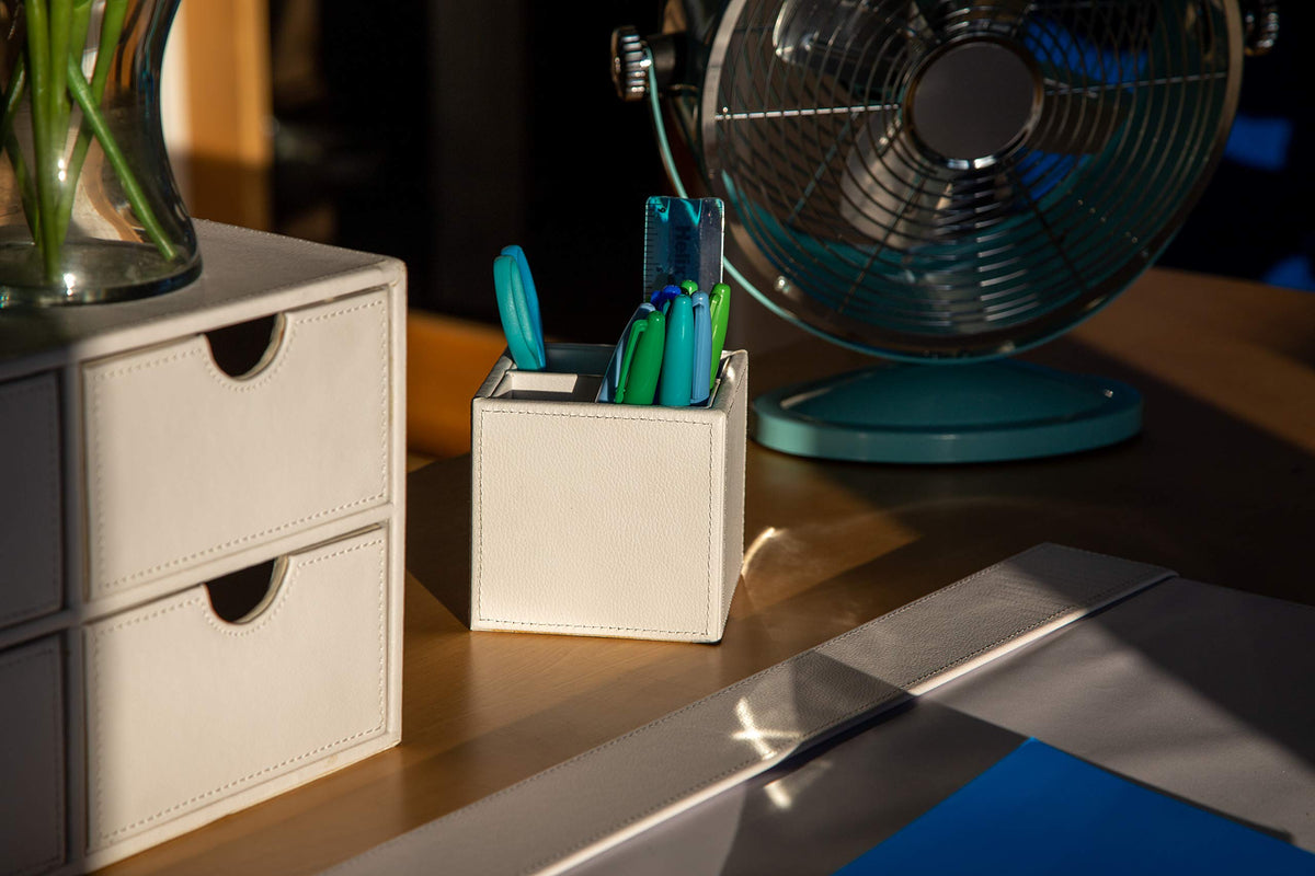OSCO White Faux Leather Pen Pot | 3 Sections | Pencil Holder | Desk Tidy | Office Organiser |