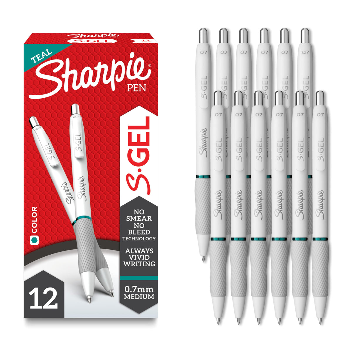 Sharpie S-Gel Pens, Pearl White Body, Medium (0.7mm) Point, Teal Ink, 12 Count