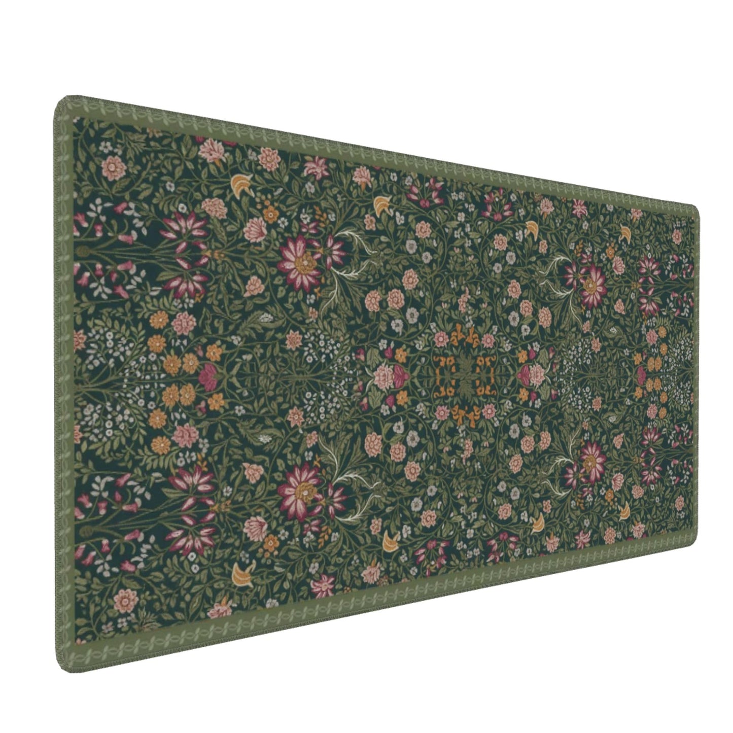 Dark Green Floral XXL Desk Mat, Extra Large Mouse Pad with Anti-Slip Base & Stitched Edges for