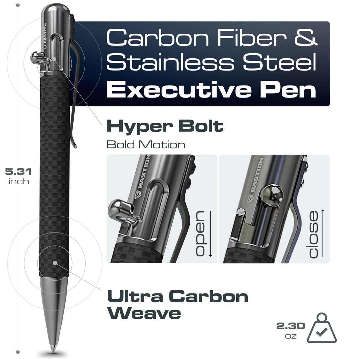 BASTION Bolt Action Pen, Carbon Fiber & Stainless Steel, HyperBolt EDC Pen, Refillable Lightweight