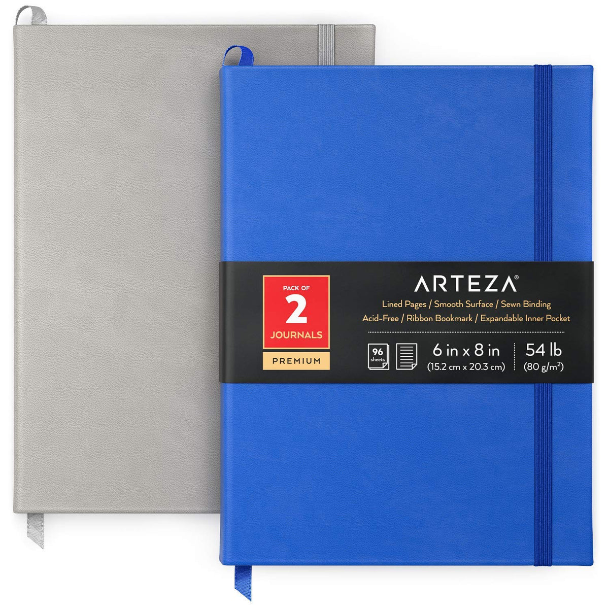 Arteza Lined Journal Notebooks, Pack of 2, 6 x 8 inch, 96 Sheets, Cobalt Blue and Gray, Hardcover