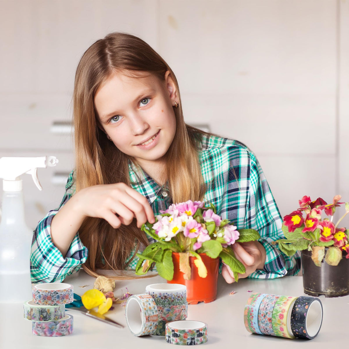 BkeeCten Spring Flower Washi Tape - 12 Roll Vibrant Cat Flower Scrapbook Washi Colored Painters