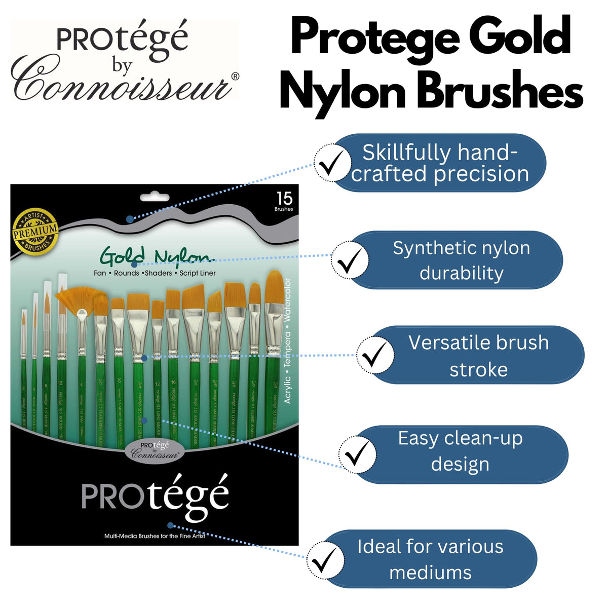 Connoisseur Gold Nylon Short Handle Brush Set, 15-Piece