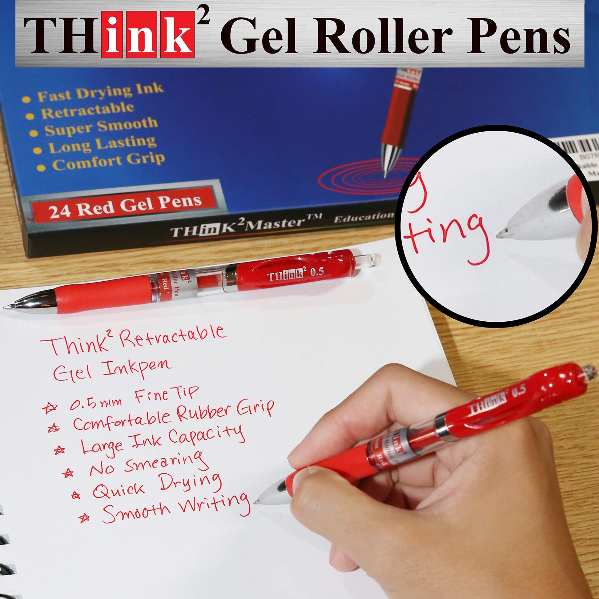 [24 Pens - Red Ink] Think2 Retractable Gel Pens. (24 Red) Fine Point (0.5mm) Rollerball Pens with