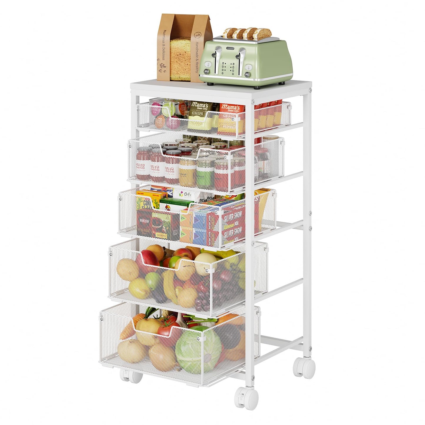 Kitchen Storage Cart with Wheels, 5-Tier Fruit Vegetable Storage Cart, Kitchen Organizer and