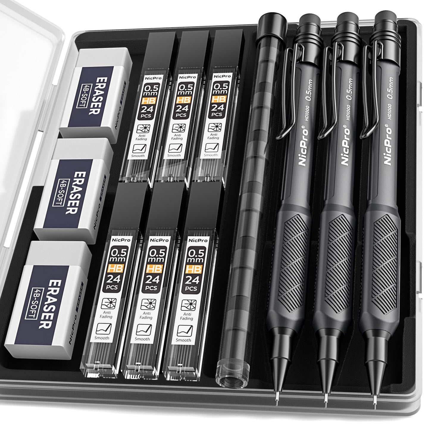 Nicpro 0.5 mm Mechanical Pencil Set with Case, 3PCS Mechanical Pencils 0.5