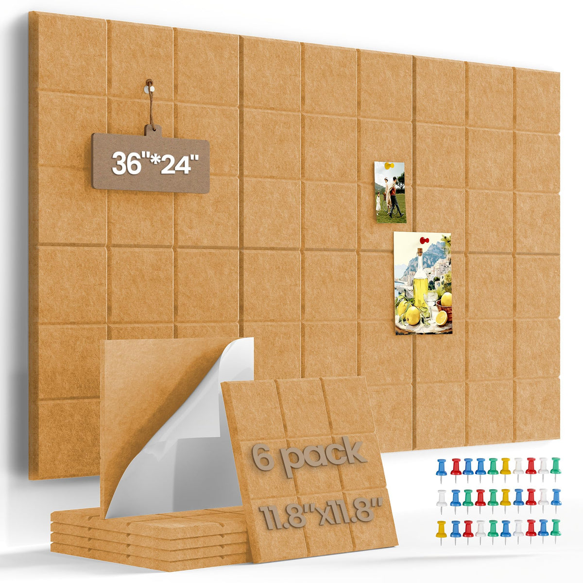 Uoisaiko Bulletin Board 6 Pack Large Pin Board 11.8" x 11.8", Felt Board Tiles with 30 Push Pins