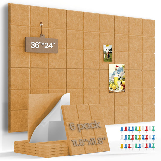 Uoisaiko Bulletin Board 6 Pack Large Pin Board 11.8" x 11.8", Felt Board Tiles with 30 Push Pins