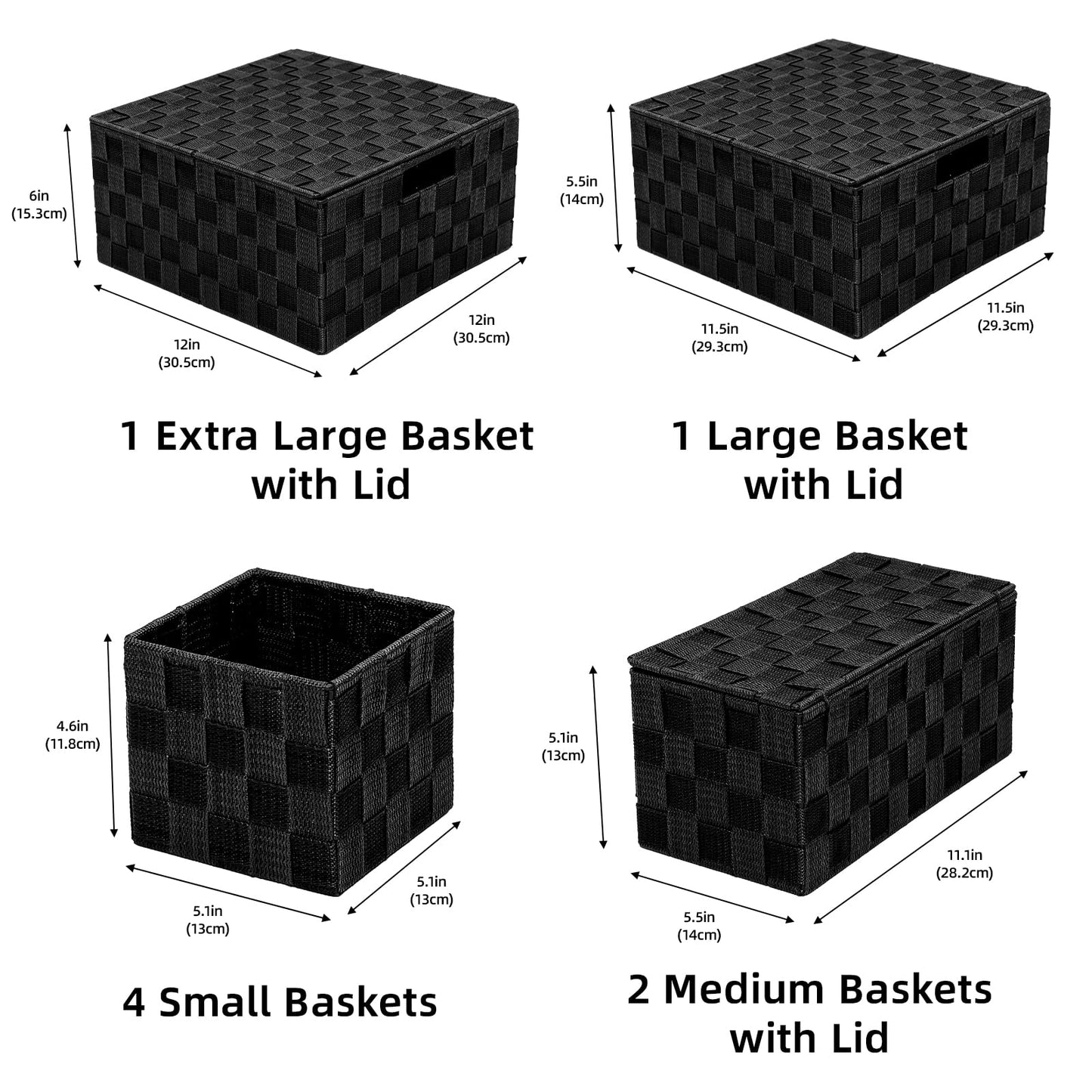 ArcaGuru Woven Polypropylene Basket Set of 8, Black Storage Basket, Woven Strap Baskets, Woven