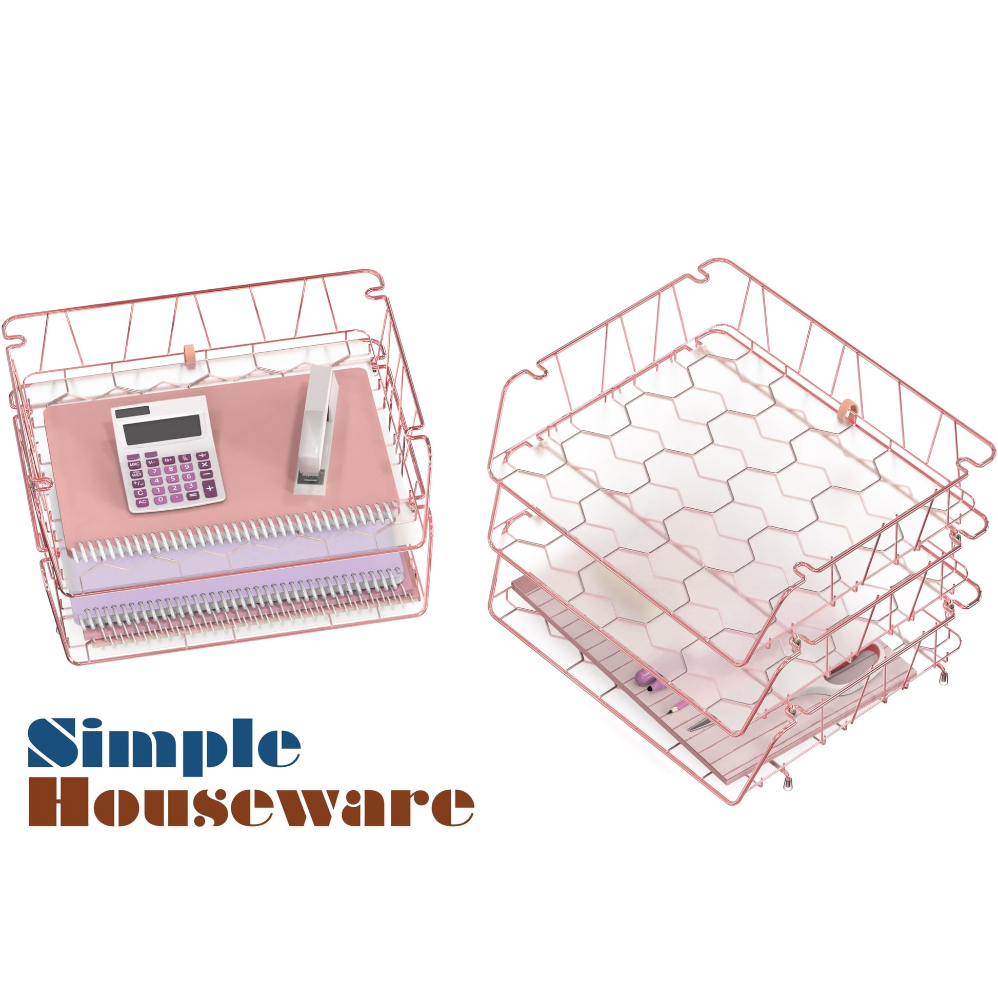 Simple Houseware Stackable Wide Entry Letter Tray, Wire Grid, Rose Gold