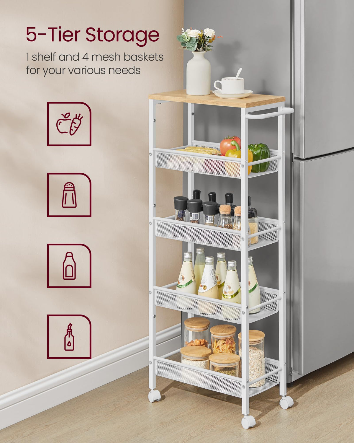 VASAGLE 5-Tier Slim Rolling Storage cart with Wheels, 8.7 Inches, Metal